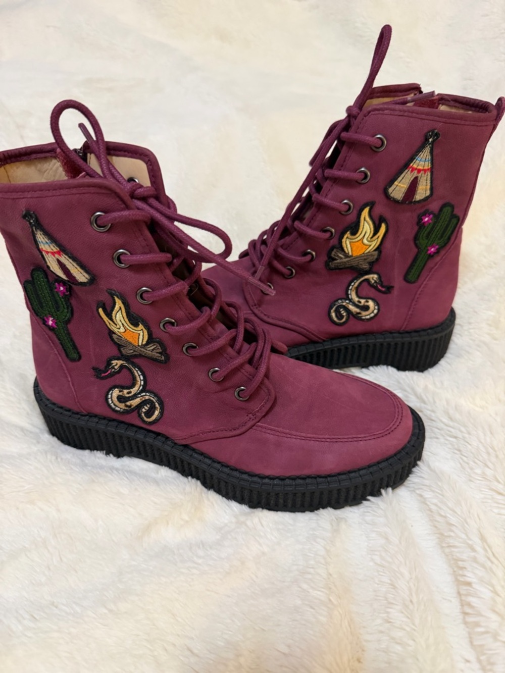 Katy Perry Collection The Natty Zip& Lace-Up Patches Ankle Boots purple sz 6.5